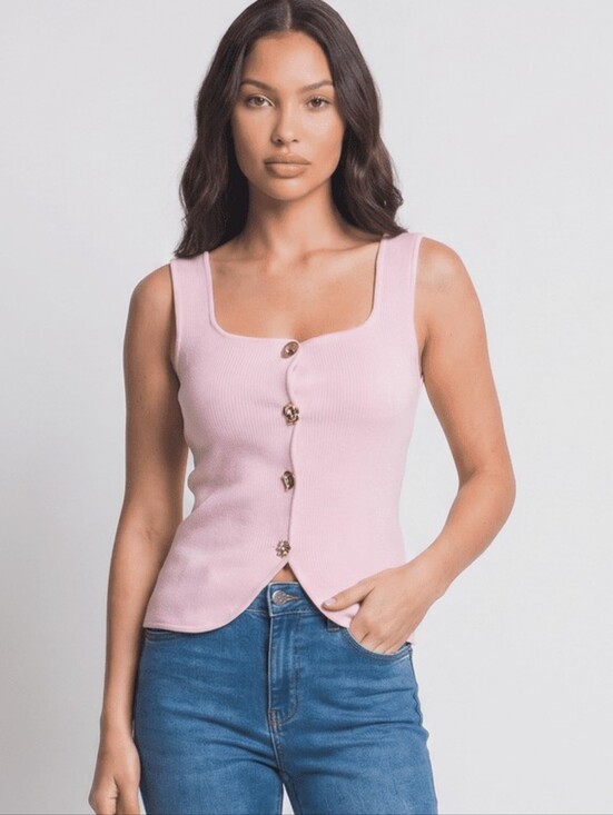 Love Tree Pants - WOMEN'S SLEEVELESS SQUARE NECK BUTTON UP RIBBED TOP Pink, Gold Buttons
